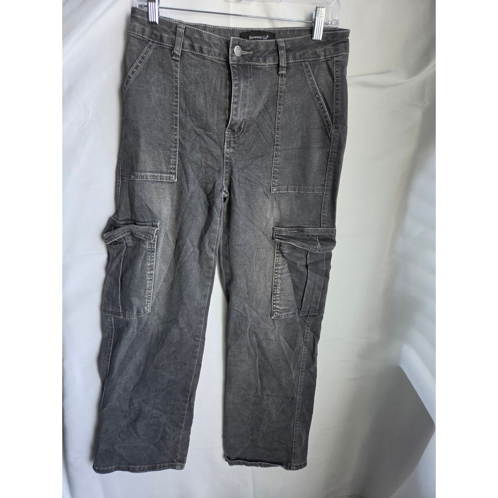 Between Us Cargo Jeans Womens Grey Dark Wash Straight Mid Rise Straight